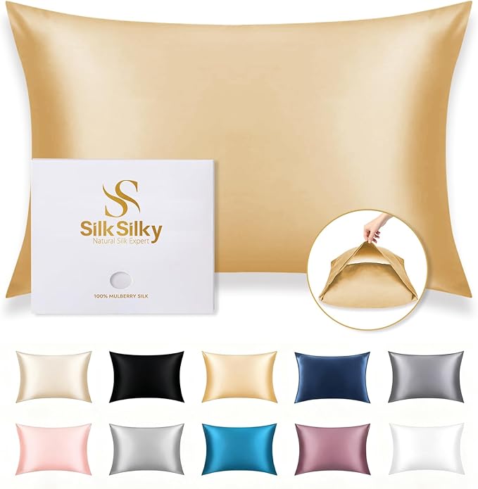 SilkSilky 100% Mulberry Silk Pillowcase - Pure 22 Momme High-Grade 6A Fibers for Hair & Skin, Envelope Closure, Natural, Organic, Breathable & Cooling Pillow Case (Queen, Champagne)