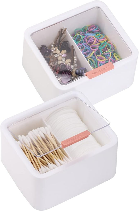 Tecbeauty 2pcs Qtips Holder - Large Cotton Swabs Dispenser Bathroom Canisters Cotton Balls, Pads Storage Container, Hinged Lids, White