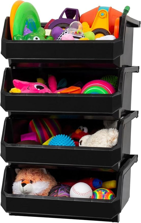 ReadySpace Plastic Containers for Organizing and Storage Bins for Closet, Kitchen, Office, Garage or Pantry Organization, Stackable Bins, Extra Large (14.8" x 16.5" x 7"), 4-Pack, Black