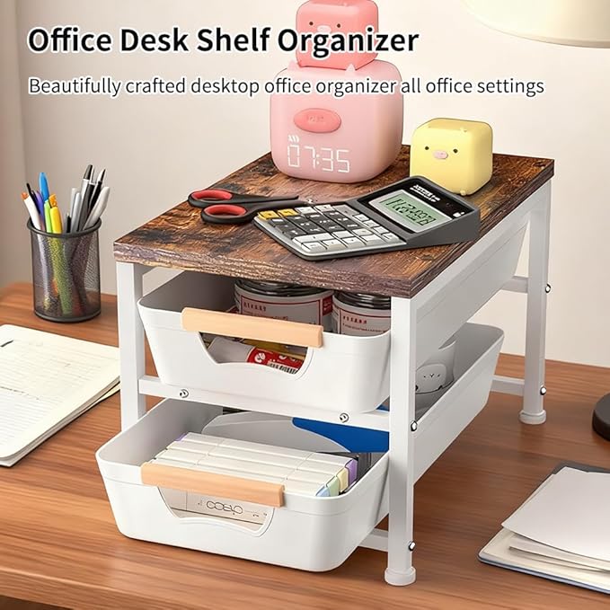 Janebert Office Desk Shelf Organizer, Wood Desktop Bookshelf Supplies Storage Rack with Drawer, Pull-Out Baskets Shelf for Top of Desk and Dresser (White, Medium 14.96" D x 9.45" W x 11.02" H)