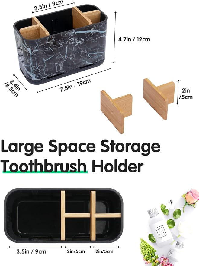 GFWARE Marble Toothbrush Holders, 5 Slots Bamboo Toothbrush and Toothpaste Holder for Bathroom Counter with Drainage, Kids Electric Toothbrush Organizer, Black Toothbrush Holders for Bathrooms