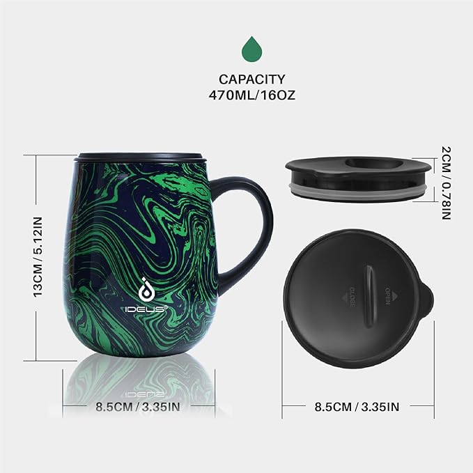 Ideus 16 oz (470 ml) Insulated Coffee Mug with Handle and Lid, Double Wall Stainless Steel Vacuum Thermal Coffee Mug, Travel Coffee Cup Thermal Cup for Home and Office (Green Zebra)