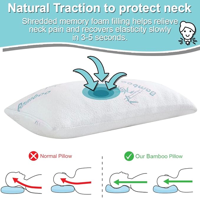 Cool Rayon of Bamboo Pillows 2 Pack Queen Size (20"x30") for Sleeping, Soft Shredded Adjustable Memory Foam Washable Zippered Breathable Cover, Relieves Neck Pain Asthma for Back/Stomach/Side Sleeper