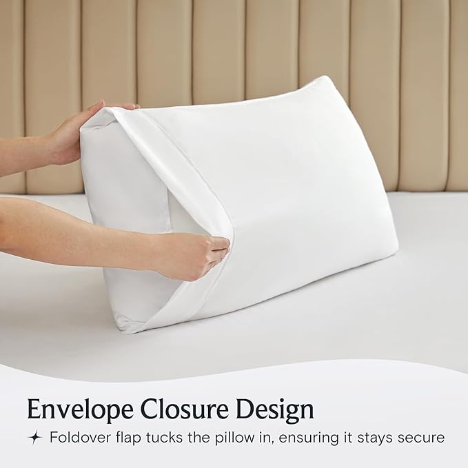 LuxClub Collection Pillowcases 10 Pack - Eco Friendly Wrinkle Free Cooling Pillow Cases with Satin Trim - Machine Washable Hotel Bedding Silky Soft - White Queen