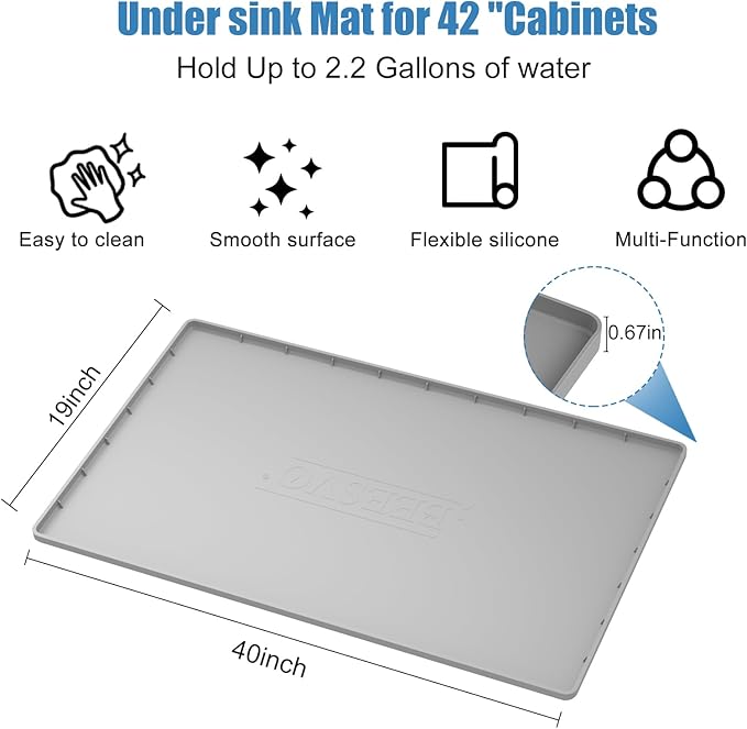 Under Sink Mat for Kitchen Waterproof, 40" x 19" Silicone Under Sink Liner Kitchen & Bathroom Cabinet Protector Mats, Heavy Duty Flexible Under Sink Drip Tray with Lip, Cool Grey