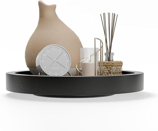 13" Acacia Wood Lazy Susan Organizer for Cabinet - Round Black Lazy Susans Turntable for Countertop - Wooden Kitchen Rotating Storage Food Bin Container for Centerpiece Table, Spices, Pantry