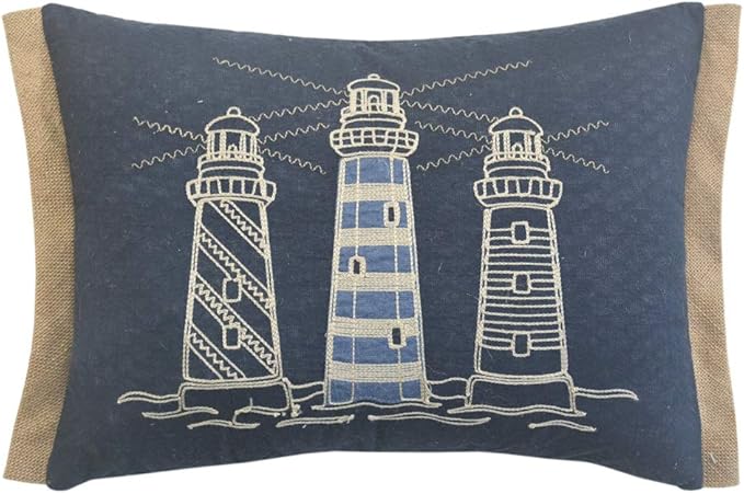Comfy Hour Under The Sea Collection Ocean Coastal Three Lighthouses Accent and Throw Pillow Blue Decorative Cushion, 18"x13", Polyester