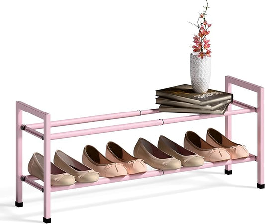 Bumusty 2-Tier Expandable Shoe Rack for Closet, 18“-33” Adjustable Shoe Rack for Small Space, Small Shoe Organizer for Front Door, Sturdy Metal, Pink