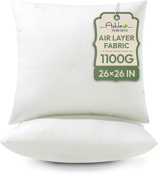 Ashler Throw Pillow Inserts 26 x 26 Inches Set of 2,Firm and Fluffy Decorative Square Pillows with Air Layer, Indoor Square Cushion Stuffer for Couch Bed Sofa and Living Room