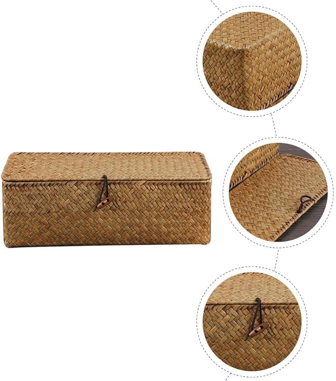 Cabilock Woven Storage Basket with Lid 3-Section Rectangular Seagrass Organizer for Living Room Pantry and Desktop Storage 12.6X4.7X4.3 Inch Handcrafted Bin
