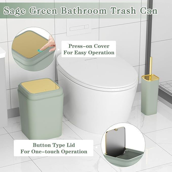 XLHOMO Bathroom Set, Sage Green Bathroom Accessories Set with Press-on Lid Bathroom Trash Can, Soap Dispenser, 10PC Bathroom Accessory Set for Home