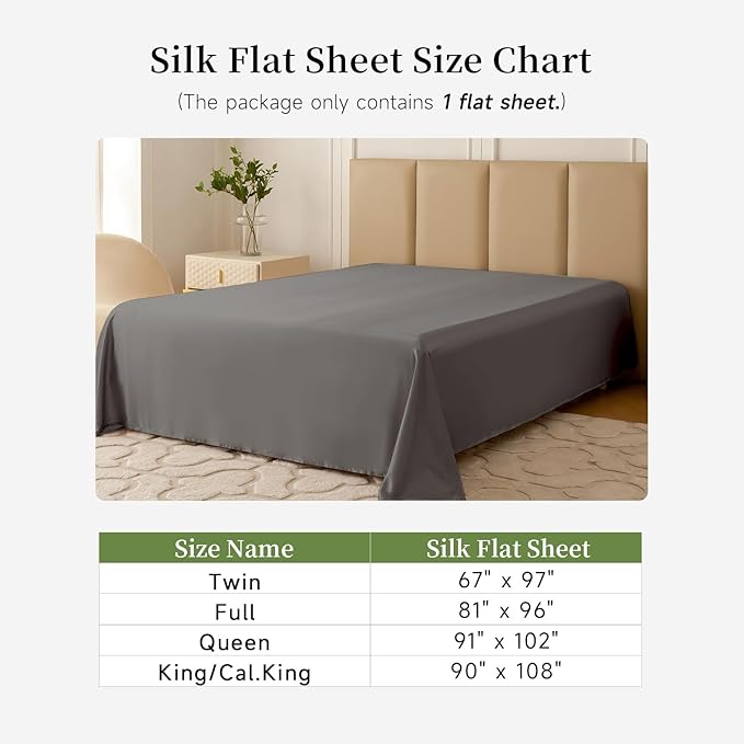 THXSILK 22 Momme 1 Pcs Silk Flat Sheet, 100% Top Grade Pure Mulberry Silk Bed Sheet Breathable Cooling Comfortable Safe Material Ultra Soft Bedding Durable (Twin, Charcoal)
