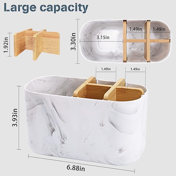 GFWARE Toothbrush Holders for Bathrooms, 5 Slots Bamboo Toothbrush Holder Kids Electric Toothbrush Holder and Toothpaste Holder for Bathroom Countertop Accessories Storage, Marble Toothbrush Organizer