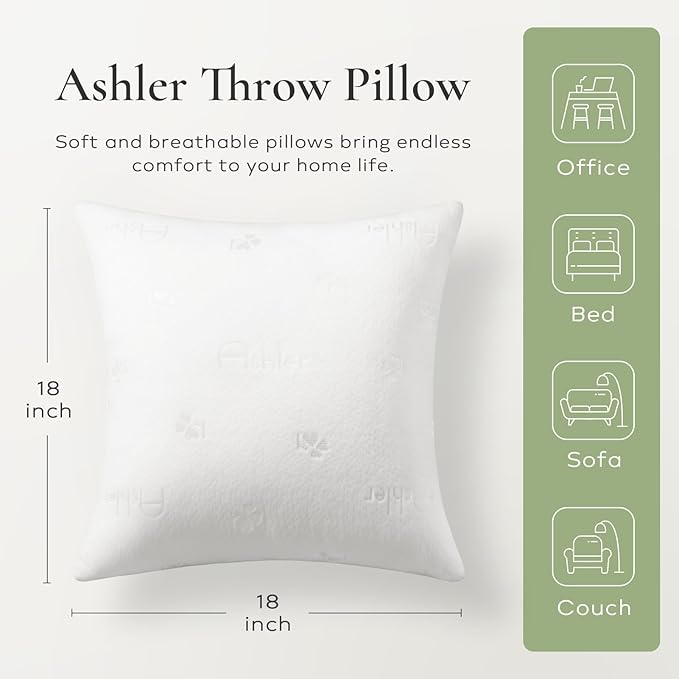 Ashler Throw Pillows Insert- 18x18 Pillow Inserts with Air Layer, Premium Bed and Couch Pillows - Indoor Decorative Throw Pillow, Square Cushion Sham Stuffer, Pack of 2, White