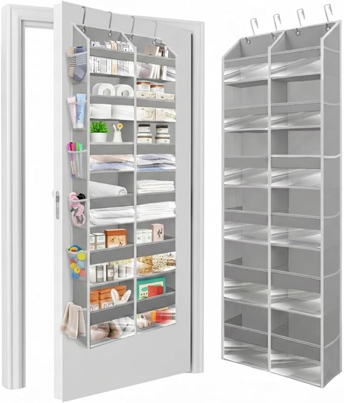HOMELUX THEORY UPGRADED 6 Tiers Over The Door Organizer Hanging - 100D EXTRA THICK & 50lbs HUGE CAPACITY, 12 Side Mesh Pockets Over The Door Shoe Organizer, Hanging Closet Organizer (Light Gray, XL)