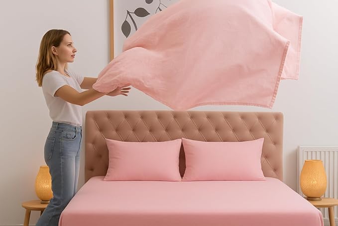 100% Cotton Flat Top Sheet Only - T-Shirt Fabric Jersey Knit - Extra Soft - Wrinkle Free - Machine Washable - Easy Fit - Breathable - Comfy (Pink, Queen)