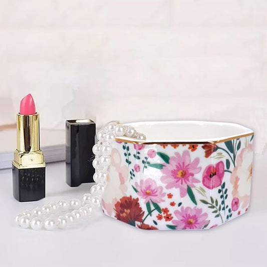 LEAZUL Ceramic Paper Clip Holder Gold Line Paper Clip Dispenser Organizer for Desk Cute Floral Pattern Office Binder Clip Holder Bobby Pin and Hair Clip Holder Gift for Office (White Pink)