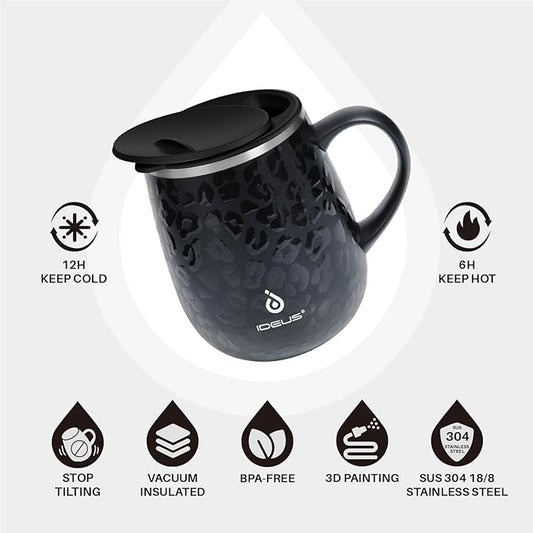 Ideus 16 oz (470 ml) Insulated Coffee Mug with Handle and Lid, Double Wall Stainless Steel Vacuum Thermal Coffee Mug, Travel Coffee Cup Thermal Cup for Home and Office, Leopard Black