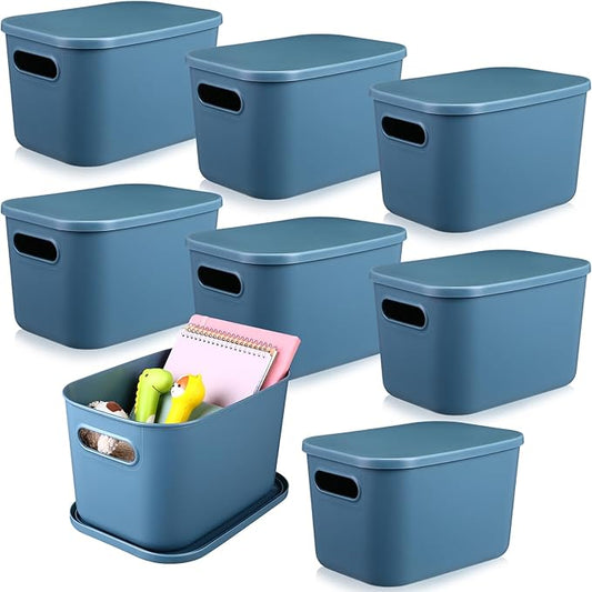 Hoolerry 8 Pieces Colorful Storage Bins with Lid, Plastic Storage Basket Organizing Container Stackable Box with Handle for Shelves Desktop Playroom Office(10.2 x 7 x 6.3 Inch,Blue)
