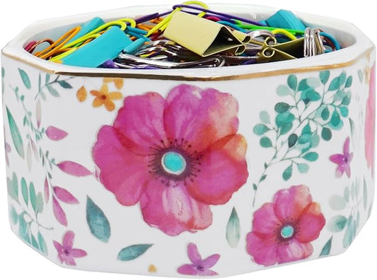 LEAZUL Ceramic Paper Clip Holder Gold Line Paper Clip Dispenser Organizer for Desk Cute Floral Pattern Office Binder Clip Holder Bobby Pin and Hair Clip Holder Gift for Office (Purple Red)