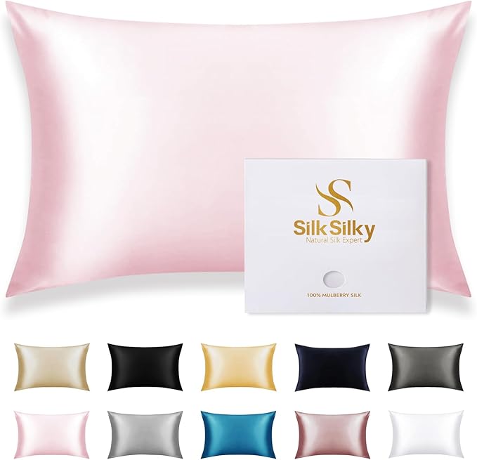 SilkSilky 100% Mulberry Silk Pillowcase - Pure 22 Momme High-Grade 6A Fibers for Hair & Skin, Envelope Closure, Natural, Organic, Breathable & Cooling Pillow Case (Queen, Pink)