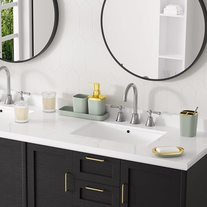 XLHOMO Bathroom Set, Sage Green Bathroom Accessories Set with Press-on Lid Bathroom Trash Can, Soap Dispenser, 10PC Bathroom Accessory Set for Home