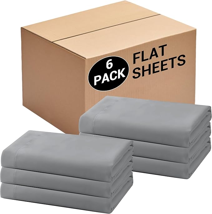 Bulk Twin Flat Sheets Only, 6 Pack Quick Sort Top Bed Sheet, Color-Coded Label Threads, Wrinkle-Free Shrinkage Durable Microfiber Hotel Motel Airb&bs Essentials for Hosts (66"x96",Light Gray)