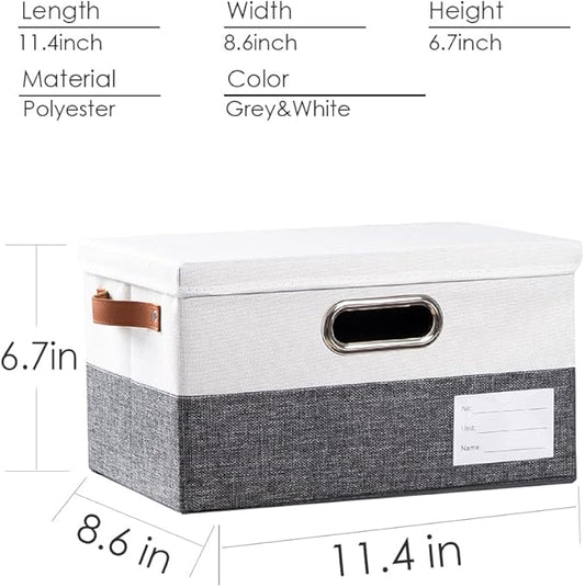 PRANDOM Storage Bins with Lids [3-Pack] Linen Fabric Foldable Storage Boxes Organizer Containers Baskets Cube with Cover for Bedroom Closet Office Grey&White（11.4X8.6X6.7