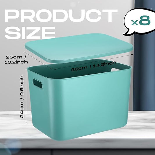 Hoolerry 8 Pieces Colorful Storage Bins with Lid, Plastic Storage Basket Organizing Container Stackable Box with Handle for Shelves Desktop Playroom Office(14.2 x 10.2 x 9.5 Inch,Green)