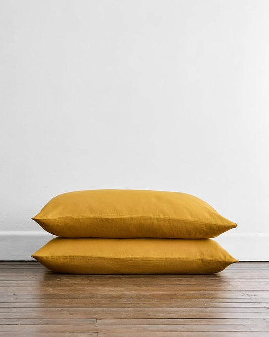Bed Threads - Linen Pillowcases - 100% French Flax Linen - Luxury & Eco-Friendly - Breathable, Natural & Soft - Envelope Opening - Machine Washable - King Size - 40” x 20” - Set of 2 - Turmeric