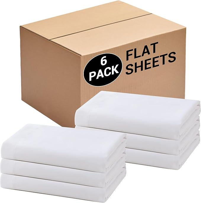 Bulk Twin Flat Sheets Only, White 6 Pack Quick Sort Top Bed Sheet, Color-Coded Hem Threads, Wrinkle-Free Shrinkage Durable Microfiber Hotel Motel Airb&bs Essentials for Hosts, 66"x96"