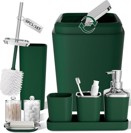 XLHOMO Dark Green Bathroom Accessories Set, Green Bathroom Set with Trash Can, Toothbrush Holder, Toothbrush Cup, Soap Dispenser, Soap Dish, Toilet Brush Holder, 2 Qtip Holder Dispensers and Tray