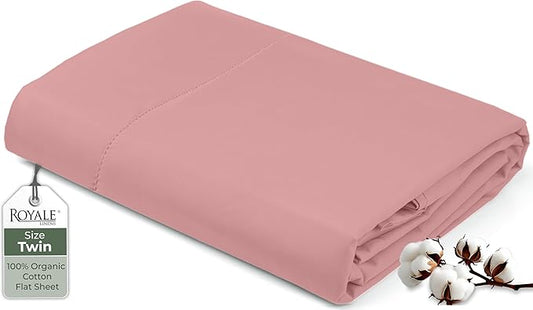 Royale Linens 100% Organic Cotton Twin Flat Sheet Only - Super Soft - Percale Top Sheets - Twin Flat Sheet Sold Separately - Breathable, Cool & Crisp White Sheets Only (66" x 96", Pink)