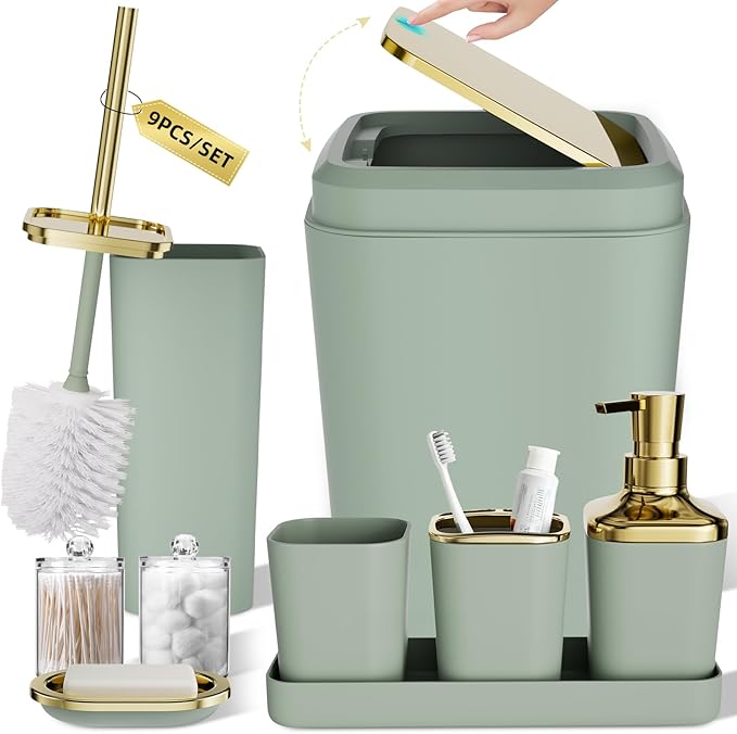 XLHOMO Bathroom Set, Sage Green Bathroom Accessories Set with Press-on Lid Bathroom Trash Can, Soap Dispenser, 10PC Bathroom Accessory Set for Home
