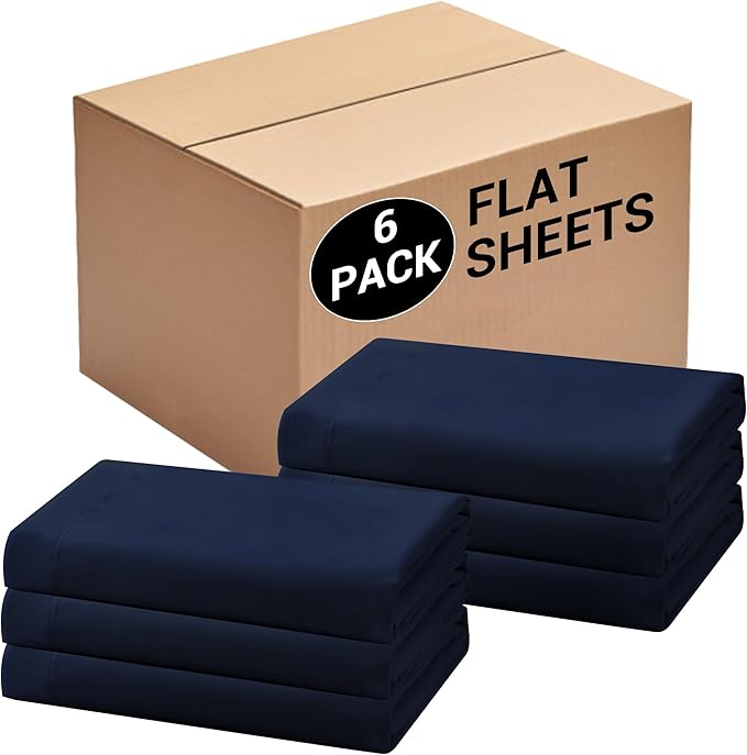 Bulk Twin Flat Sheets Only, 6 Pack Quick Sort Top Bed Sheet, Color-Coded Label Threads, Wrinkle-Free Shrinkage Durable Microfiber Hotel Motel Airb&bs Essentials for Hosts (66"x96",Navy Blue)