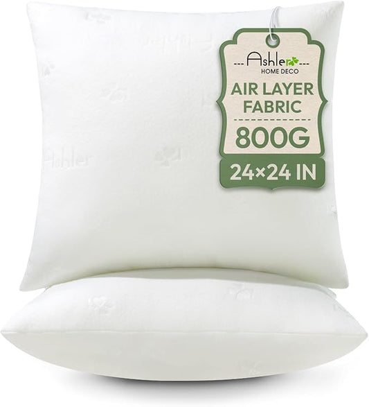 Ashler Throw Pillow Inserts- 24x24 Pillow Inserts with Air Layer, Premium Bed and Couch Pillows - Indoor Decorative Throw Pillow, Square Cushion Sham Stuffer, Pack of 2, White