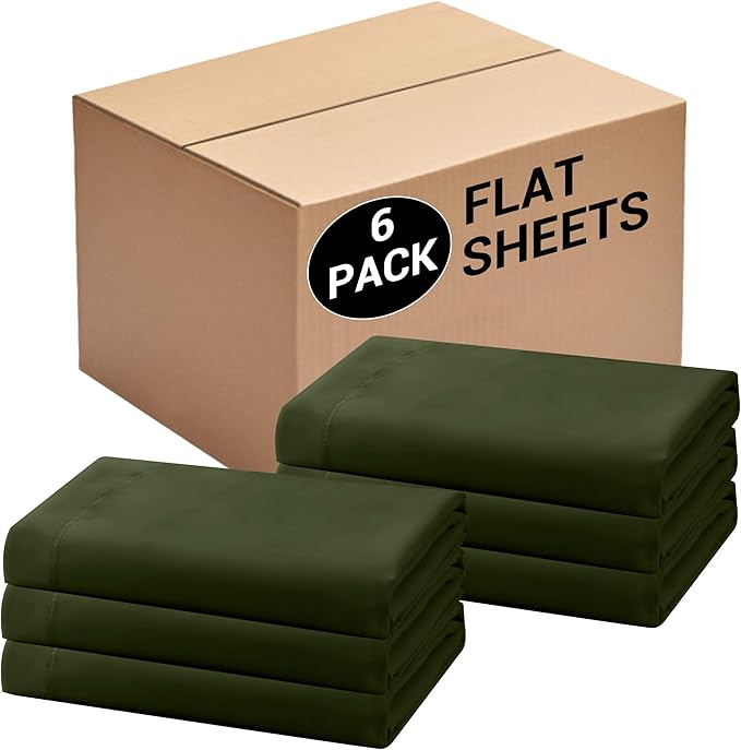 Bulk King Flat Sheets Only, 6 Pack Quick Sort Top Bed Sheet, Color-Coded Label Threads, Wrinkle-Free Shrinkage Durable Microfiber Hotel Motel Airb&bs Essentials for Hosts (105"x102",Olive Green)