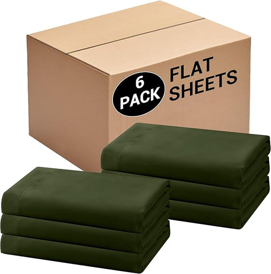 Bulk King Flat Sheets Only, 6 Pack Quick Sort Top Bed Sheet, Color-Coded Label Threads, Wrinkle-Free Shrinkage Durable Microfiber Hotel Motel Airb&bs Essentials for Hosts (105"x102",Olive Green)