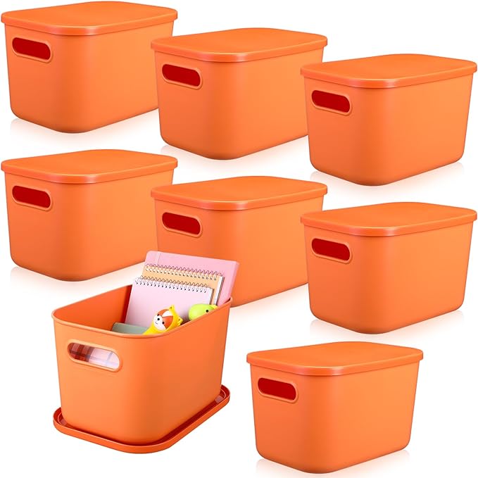 Hoolerry 8 Pieces Colorful Storage Bins with Lid, Plastic Storage Basket Organizing Container Stackable Box with Handle for Shelves Desktop Playroom Office(10.2 x 7 x 6.3 Inch,Orange)