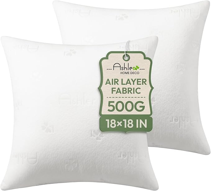 Ashler Throw Pillows Insert- 18x18 Pillow Inserts with Air Layer, Premium Bed and Couch Pillows - Indoor Decorative Throw Pillow, Square Cushion Sham Stuffer, Pack of 2, White