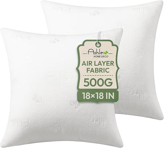 Ashler Throw Pillows Insert- 18x18 Pillow Inserts with Air Layer, Premium Bed and Couch Pillows - Indoor Decorative Throw Pillow, Square Cushion Sham Stuffer, Pack of 2, White