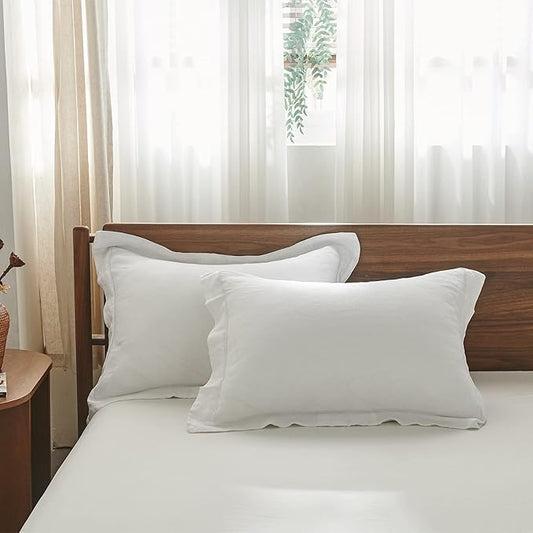 Simple&Opulence 100% French Linen Pillowcase Queen Size Set of 2, Pure Flax Pillow Covers with Embroidered, Solid Color Pillow Cases with Overlap Closure -Soft and Durable (20" X 26", White)