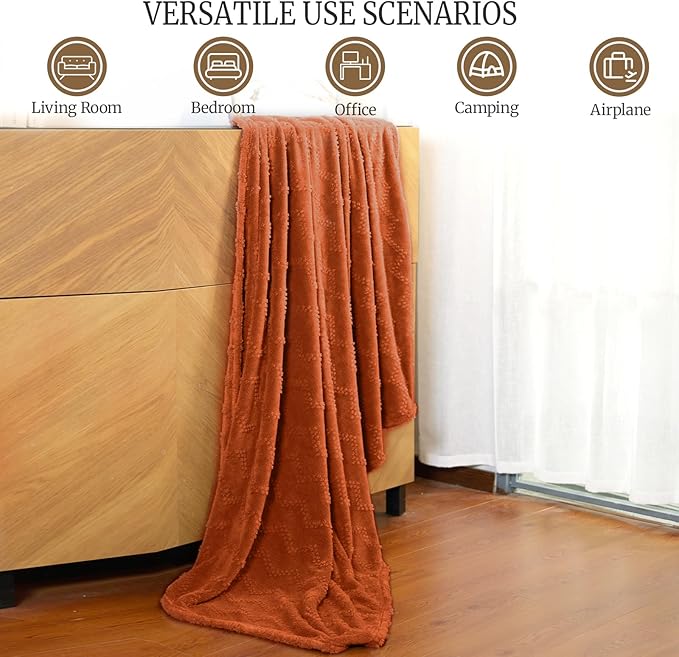 BYKOSY Jacquard Boho Fleece Throw Blanket-Cozy Fluffy Soft Lightweight Fuzzy Blanket for Sofa, Couch, Bed, Chair & Car, Gifts for Teen Girls, Women & Men, Home and Dorm Decor, Rust Red, 50" x 70"