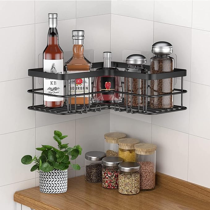 Yazoni Corner Shower Caddy, 4-Pack Adhesive Shower Shelves with Soap Holder No Drilling, Rustproof Bathroom Shower Organizer Storage, Black