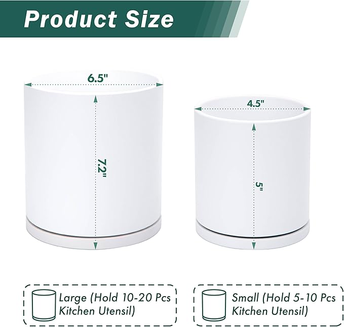 D'vine Dev 360° Rotating Utensil Holder Set – 7.2"+5" Kitchen Utensil Crocks for Countertop, Modern Cooking Tool Organizers for Kitchen Storage +Décor, White, Set of 2, 72-Z-A-1