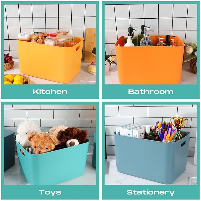 Hoolerry 8 Pieces Colorful Storage Bins with Lid, Plastic Storage Basket Organizing Container Stackable Box with Handle for Shelves Desktop Playroom Office(16.1 x 12.0 x 9.7 Inch,Multi-colored)