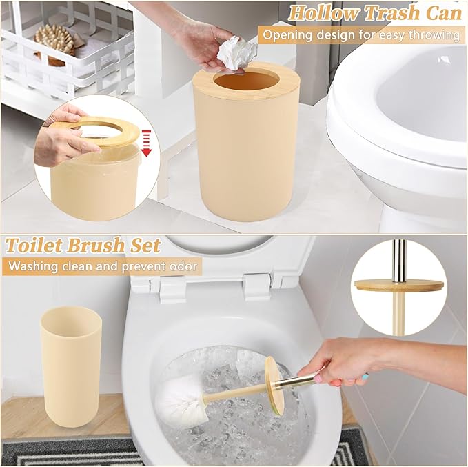 SLDIYWOW Bathroom Accessories, Beige Bathroom Accessories Sets Complete with Trash Can,Tray,Soap Dispenser,Toothbrush Holder,Toothbrush Cup,Soap Dish,Toilet Brush and Q-tip Holders for Bathroom