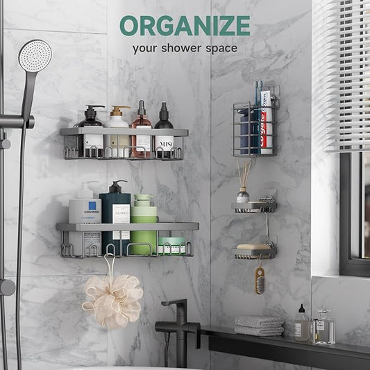 Veken Adhesive Shower Caddy 5-Pack,Heavy Weight Bearing,Large Wall Mounted Shower Shelves Rack,Organizer Storage Accessories with Soap Dish&Toothbrush Holder,Ideal for Bathroom,Home&Kitchen,Light Grey