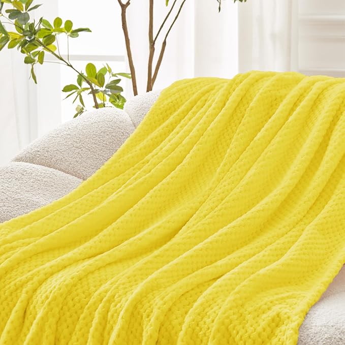 Exclusivo Mezcla Fleece Bed Blanket Queen Size, Super Soft and Warm Blankets for Couch, Sofa and Bed Waffle Textured, Cozy, Fuzzy and Lightweight (Vibrant Yellow, 90x90 Inches)