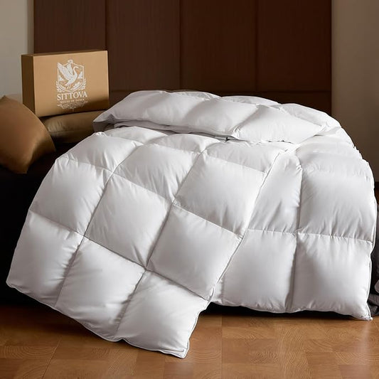 Goose Down Fiber Comforter Twin Size – All-Season Hotel Quality Duvet Insert, High Fill Power, Ultra Soft 100% Cotton, Box-Stitched, Breathable, Lightweight Luxurious White Bedding,90"x 68"